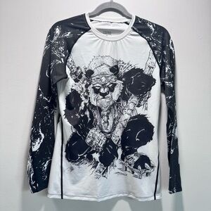 O2Tee Fighting Panda MMA BJJ Compression Rash Guard Long Sleeve Tee Size S White